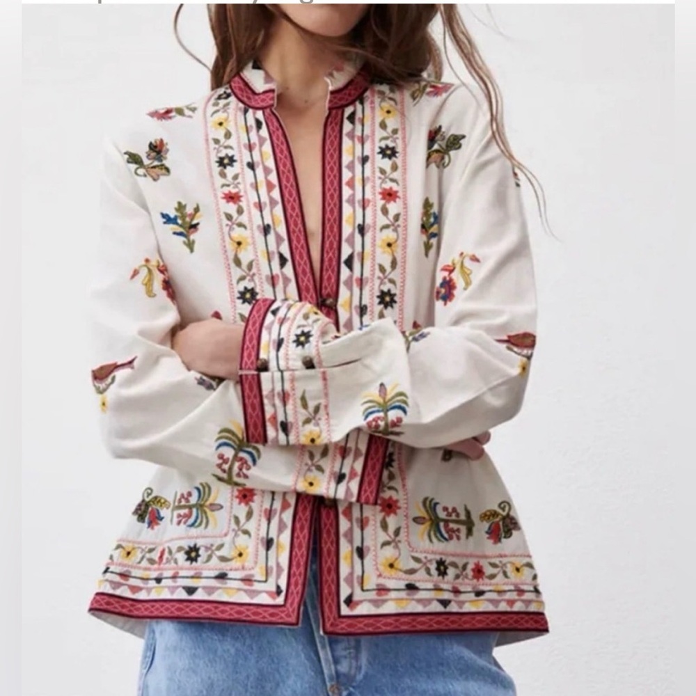 Zara Boho Cotton Embroidered Birds Floral
Blazer Jacket Shirt Size S -EUC